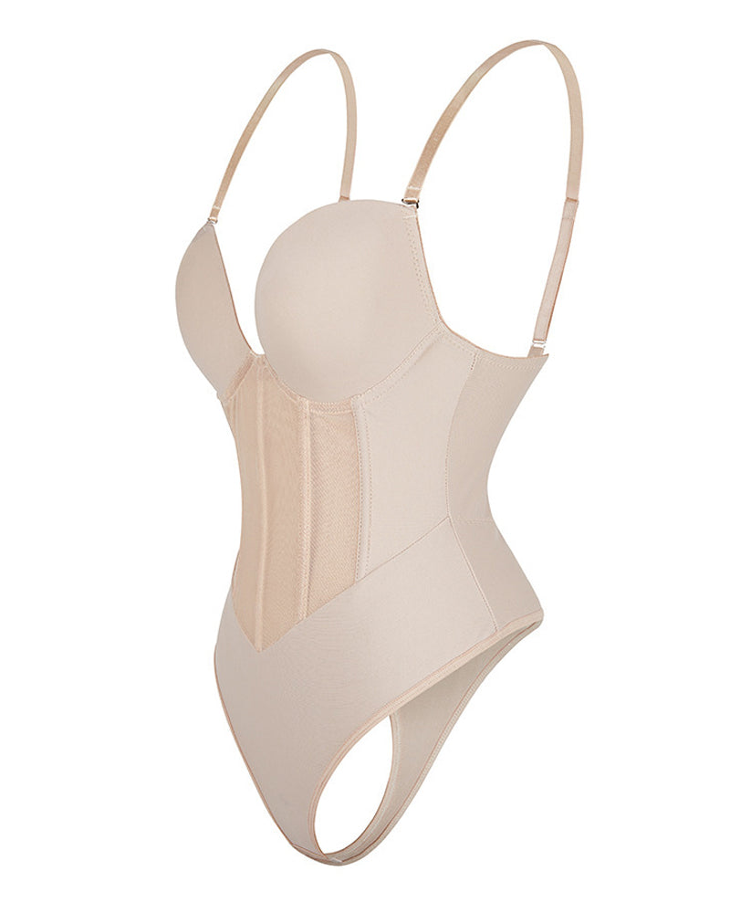 Sexy Mesh Shapewear Corset Backless Thong Bodysuit With Built-in Bra - By Qivii