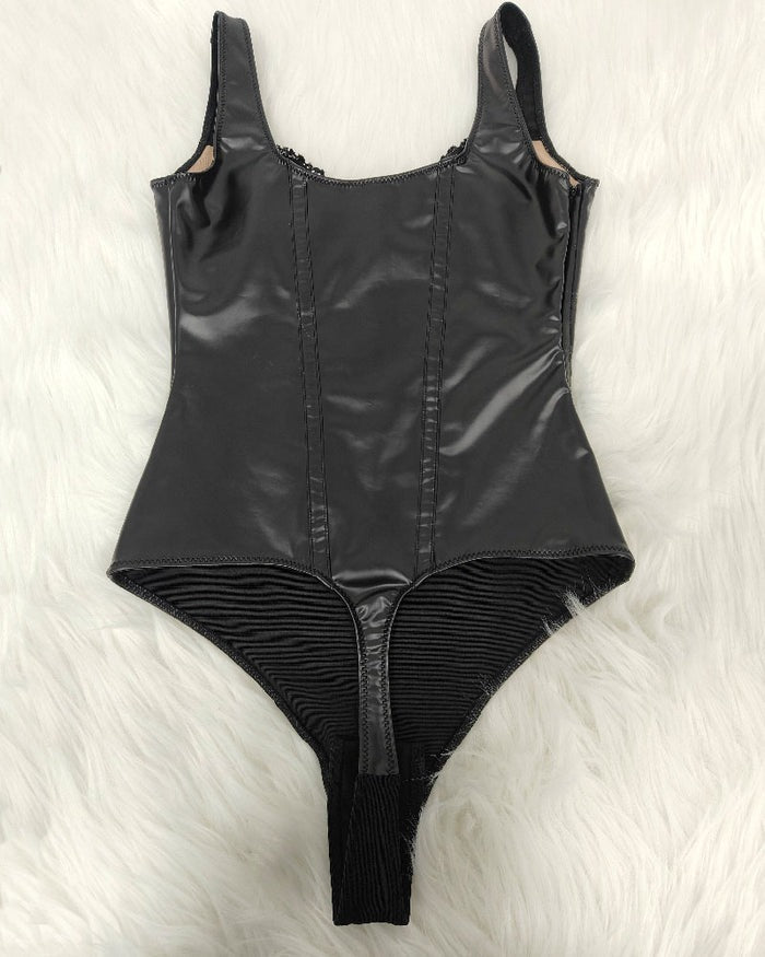Shapshe® Shapewear Leather Lace Balconette Thong Sculpting Bodysuit - By Qivii
