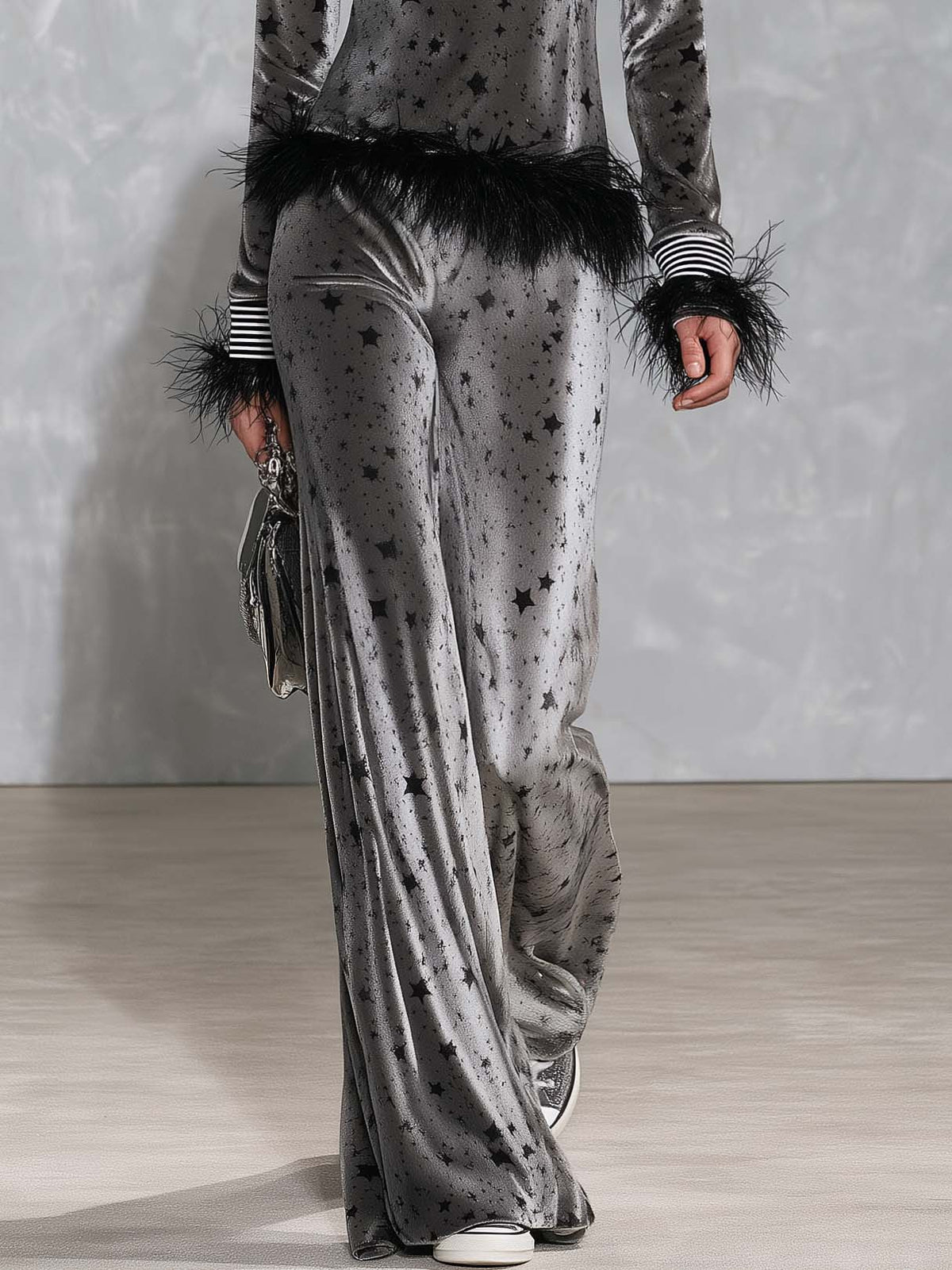 Retro Glam Star Print Grey Velvet Feather Trim Turtleneck Wide-Leg Pants Set - By Qivii