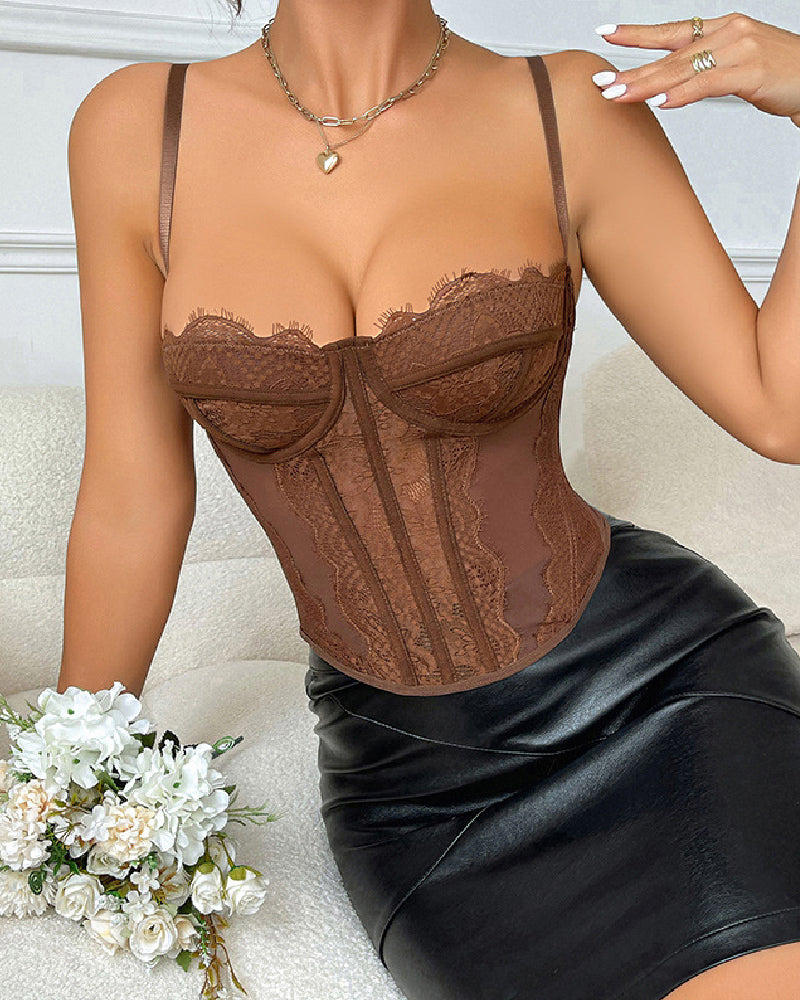 Women's Lace See-through Push Up Corset Bustiers Tops Boned Suspender Sexy Crop Tops - By Qivii