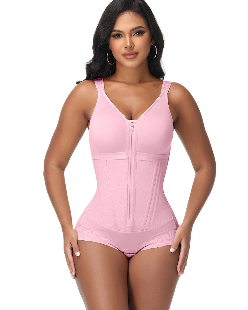 Double-Layer PowerMesh Hourglass Tummy Sculpt Zipper Bodysuit With Bra