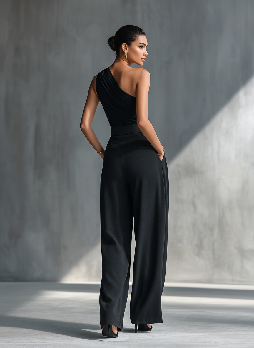 Women's Black Knitted One-Shoulder Ruched Top MDZ2477B1T