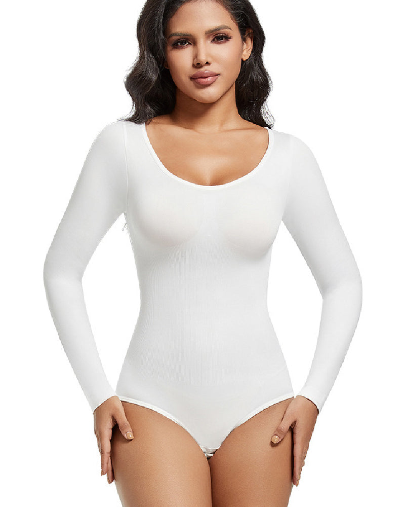 Seamless Crew Neck Long Sleeve Corset Bodysuit Tops Stretch Triangle Jumpsuit - By Qivii