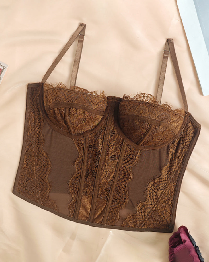 Women's Lace See-through Push Up Corset Bustiers Tops Boned Suspender Sexy Crop Tops - By Qivii