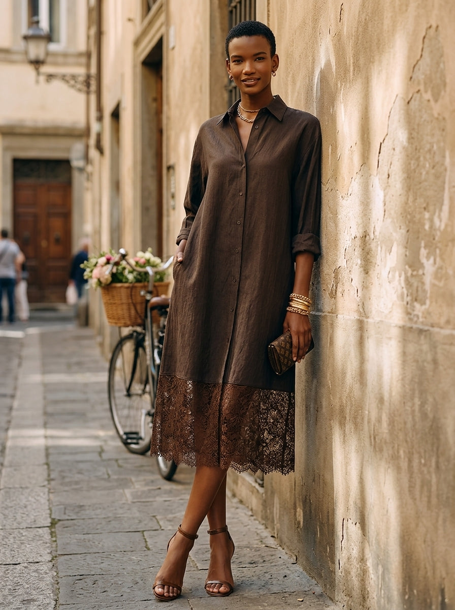 Women's Minimalist Solid Brown Linen & Lace-Panel Midi Shirt Dress MDZ0684G8ZRK