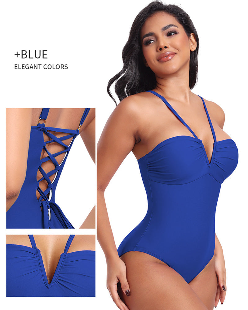 Sexy Strappy Triangle V-shaped Halter Neck One-piece Body Shaping Swimsuit - By Qivii