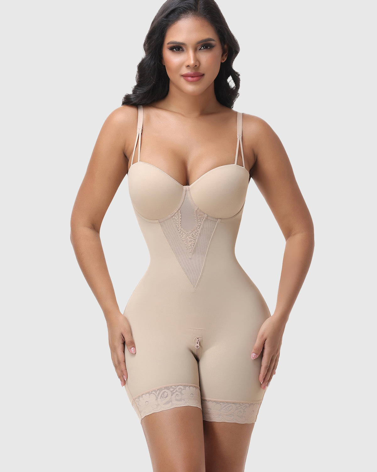 V Neck Adjustable Strap Crotch Zipper Seamless Lace Bodysuit Shapewear