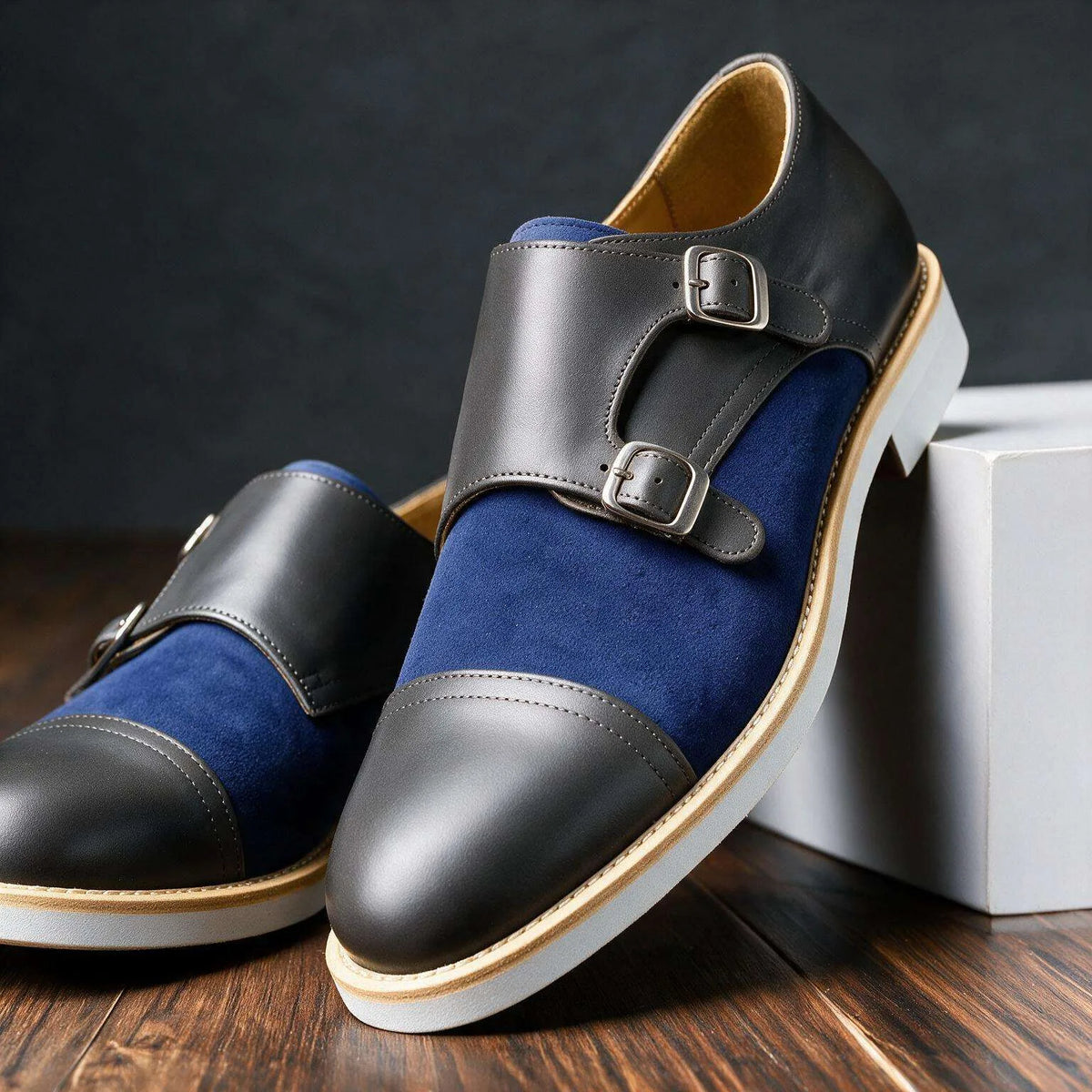 Blue men's Beaumont double monk strap loafers by Hudson Ridge, stylish leather footwear with double buckle straps.