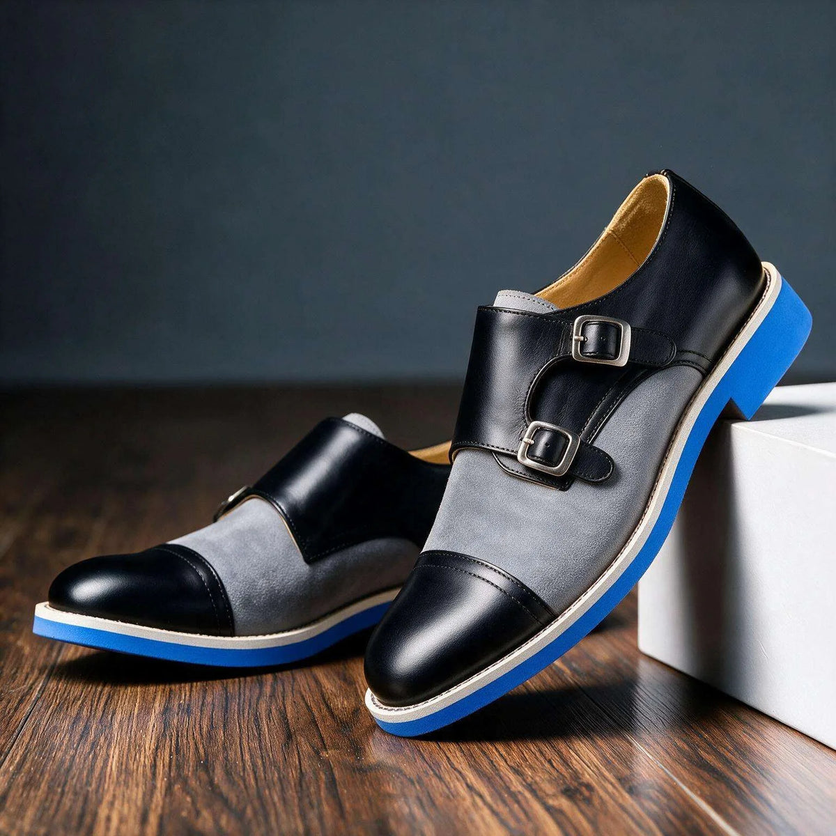 Gray Beaumont double monk strap loafers for men by Hudson Ridge, featuring sleek leather design and double buckle closures.