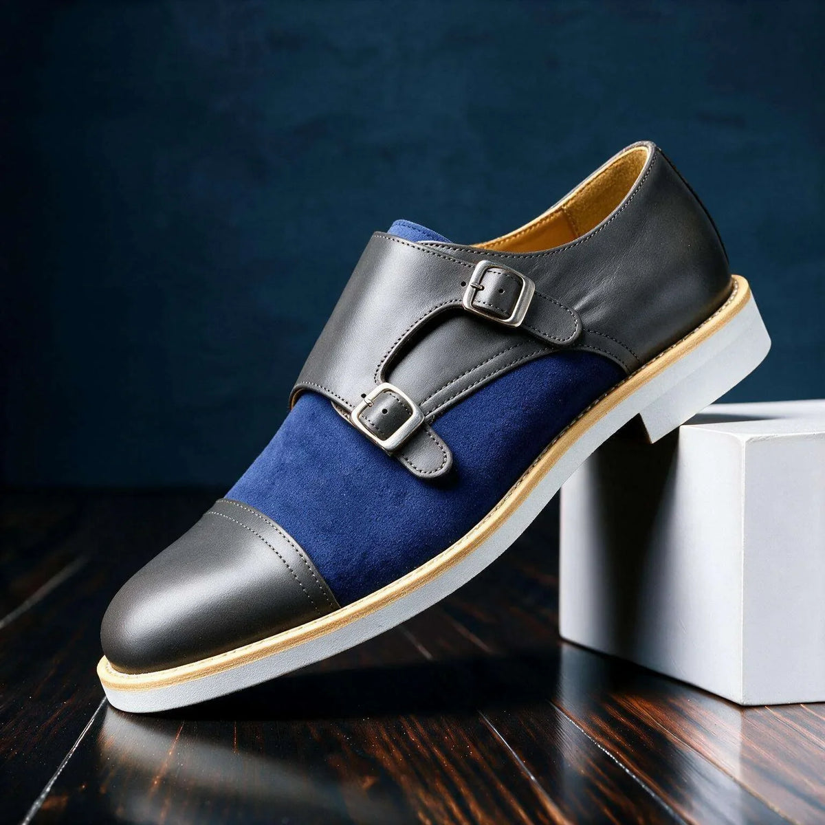 Hudson Ridge Beaumont Double Monk Straps men's loafers in black leather with brogue detailing and silver buckle accents.