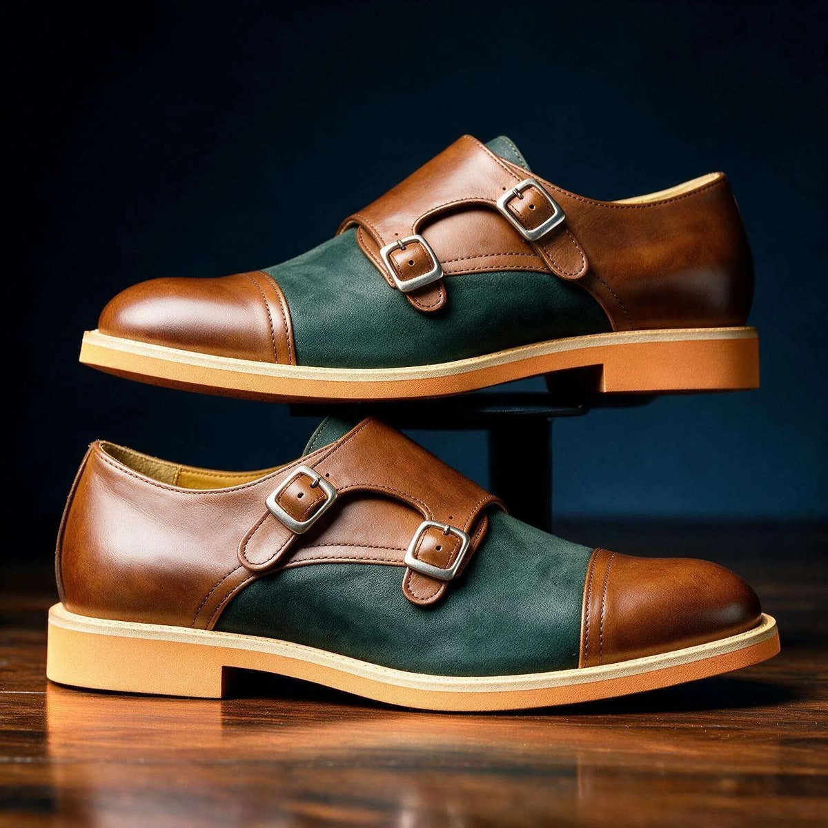 Hudson Ridge Beaumont Double Monk Straps men's leather loafers with sleek black finish and stylish buckle details.