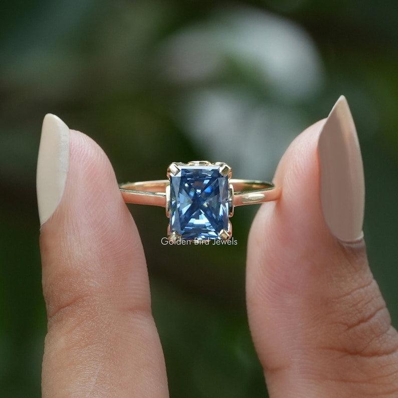 Beautiful Blue Radiant Cut Moissanite Solitaire Anniversary Ring For Her - qivii