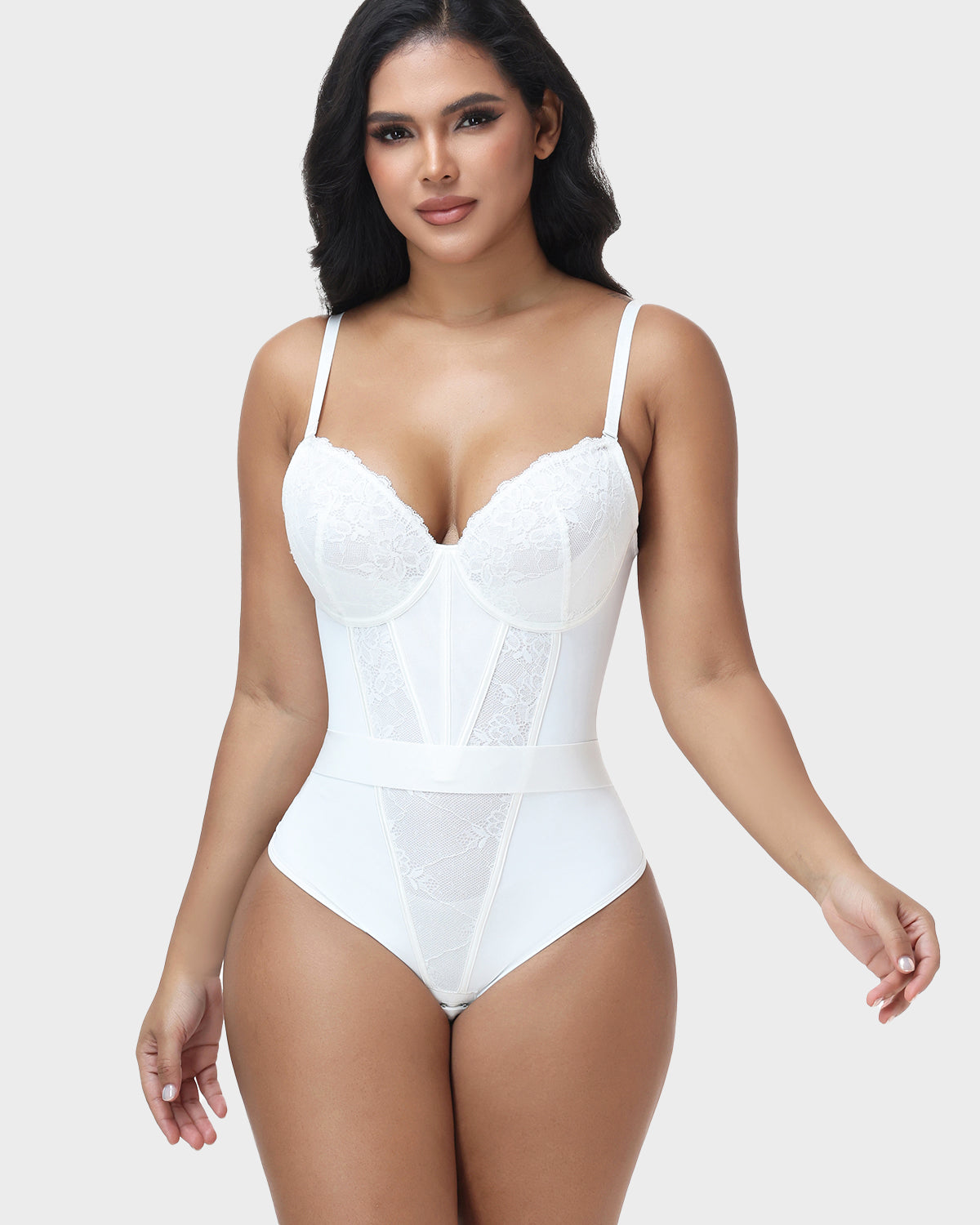 V Neck Lace Thong Bodysuit Adjustable Straps Waist Cinching Shapewear