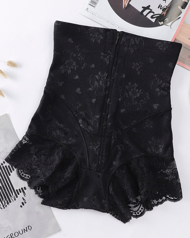 Women's High Waist Floral Lace Zipper Tummy Control Shapewear Panties - By Qivii