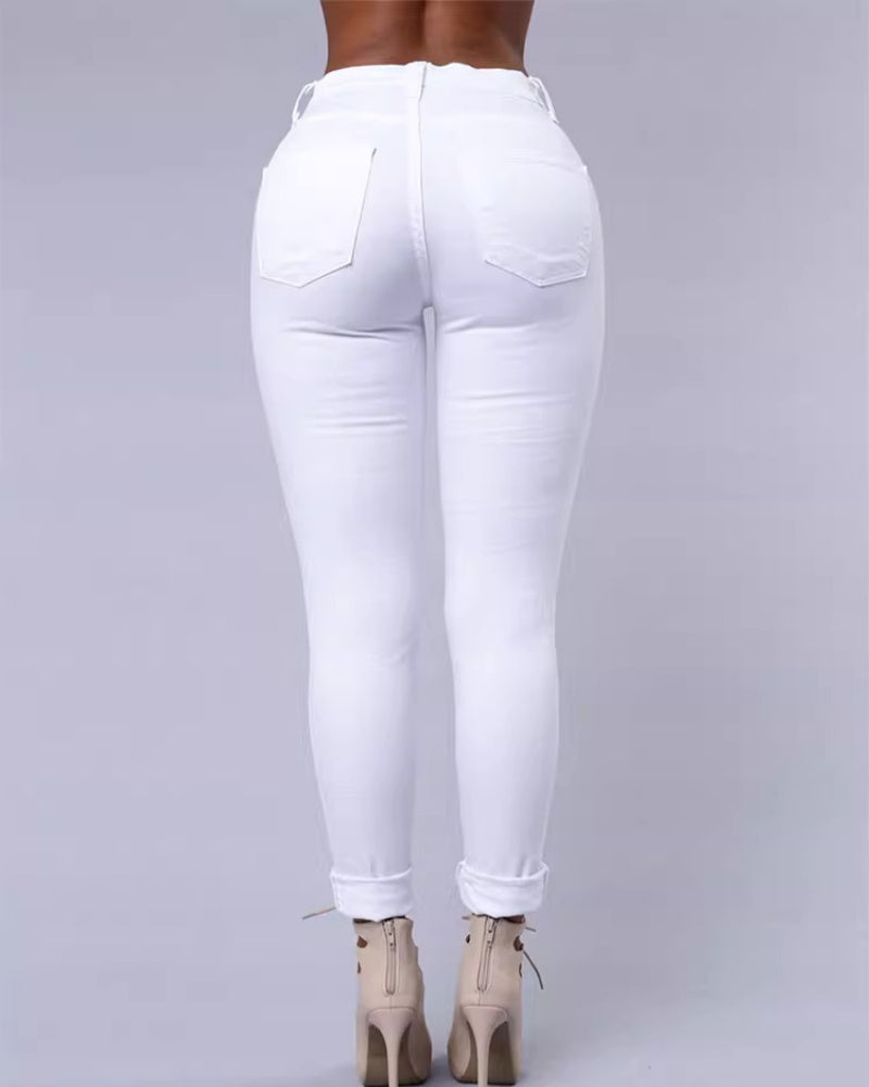 High-waist Stretch Ripped Skinny Jeans - By Qivii