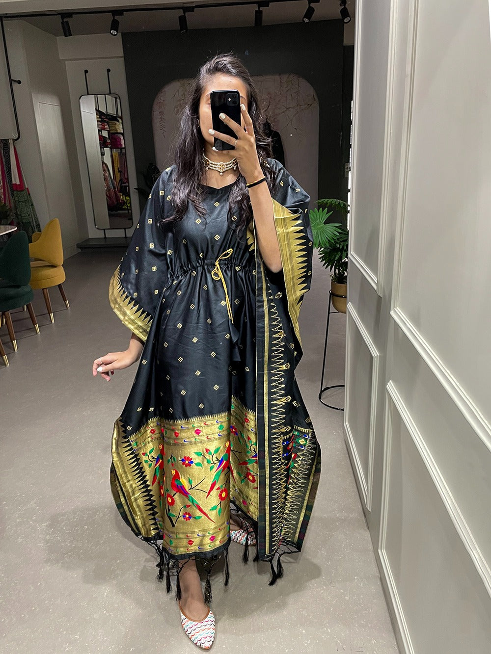 Black Color Weaving Zari Work Jacquard Paithani Kaftan Dress - qivii