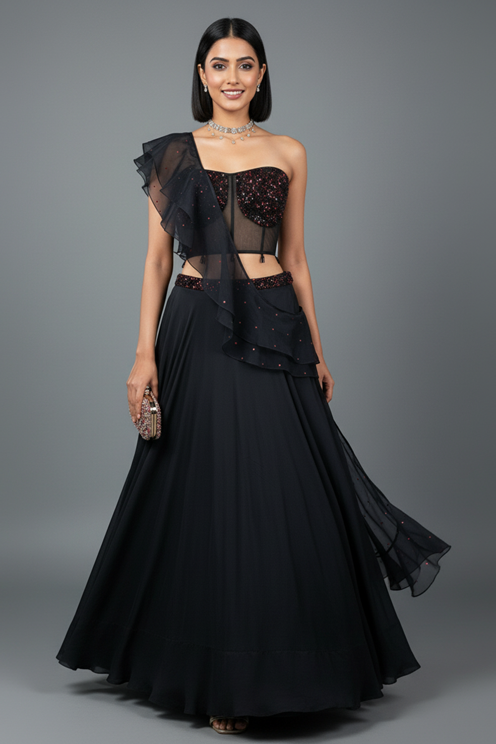 Black Lehenga with Corset Blouse & Dupatta