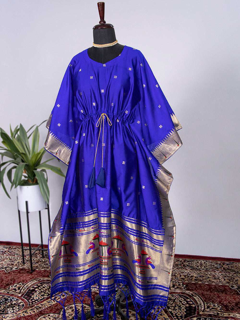 Blue Color Weaving Zari Work Jacquard Paithani Kaftan Dress - qivii