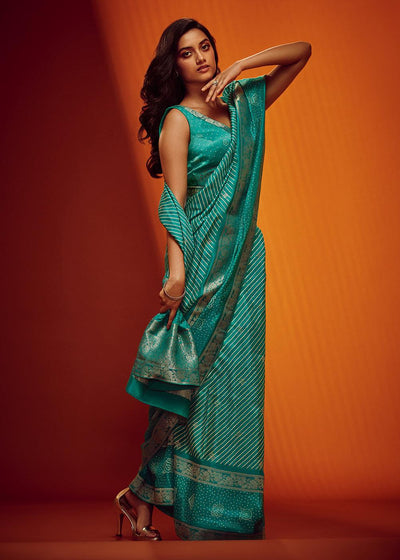 Blue Green Bandhani Printed Woven Viscose Silk Saree - qivii