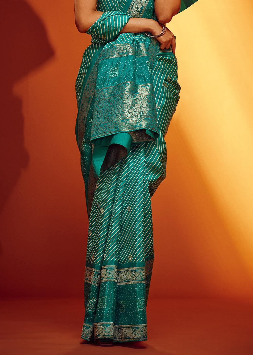 Blue Green Bandhani Printed Woven Viscose Silk Saree - qivii