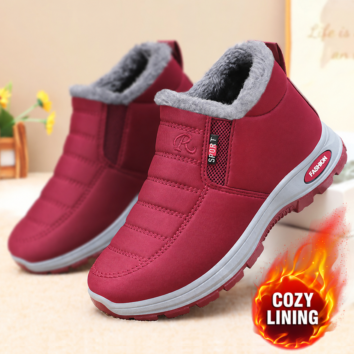 Red Women's Lunwick Winter Ankle Boots by Bootara with plush lining, side zipper, cushioned sole, available in US sizes 4-12.5.