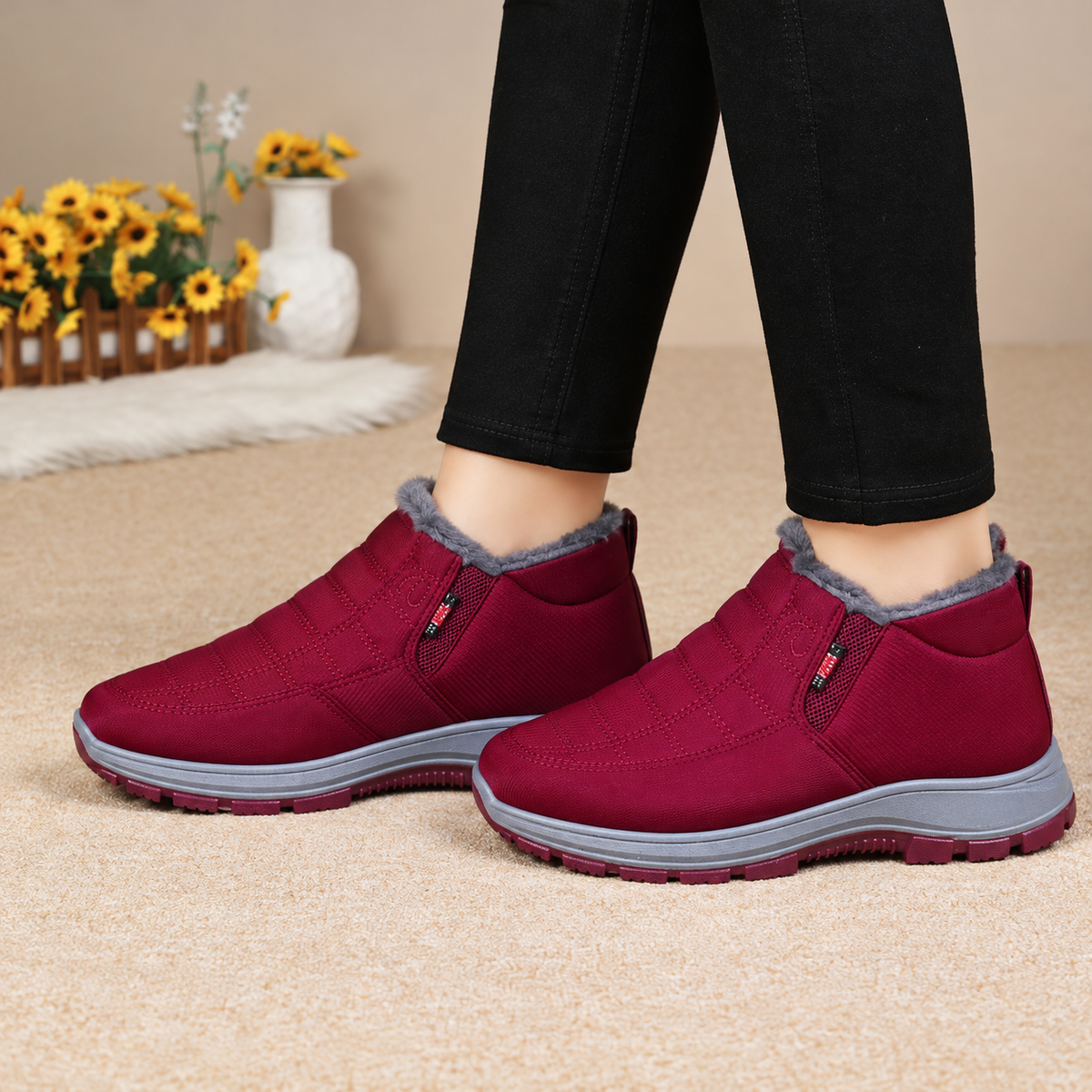 Women's Bootara Lunwick winter ankle boots in red with plush lining, side zipper, and cushioned sole, US size 11.