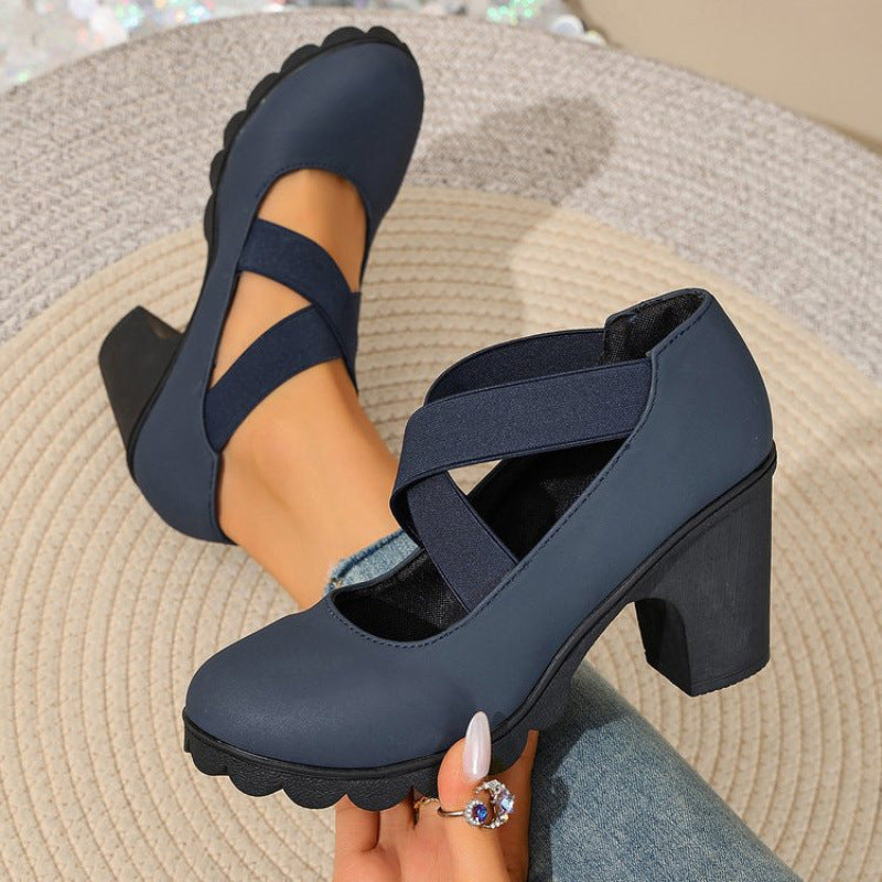 Women's Bootara Ainsley Mary Jane shoes with round toe, cross straps, chunky lug sole, and block heel in blue smooth finish.