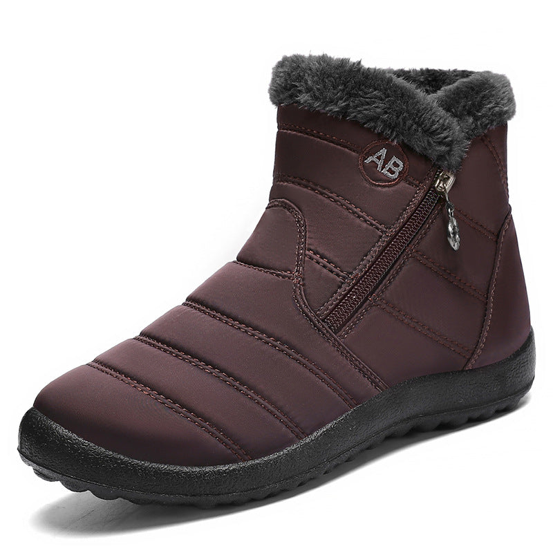 Women's Norwyn snow boots by Bootara, brown water-resistant high-top boots with fleece lining and side zipper, available in US sizes 4-12.