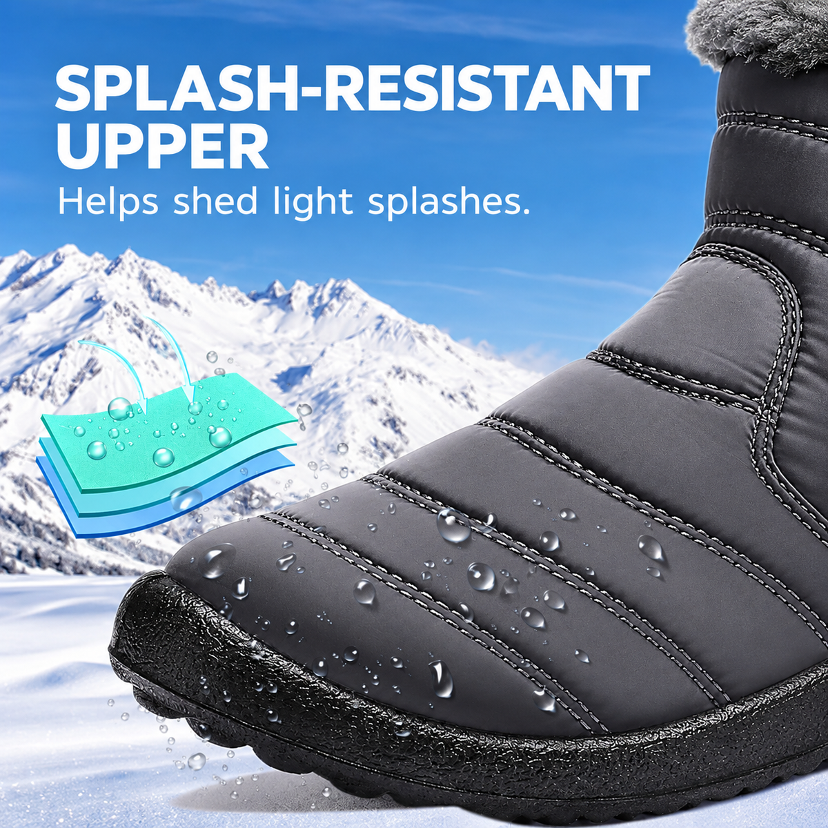 Women's Norwyn Snow Boots by Bootara, gray water-resistant high-top boots with fleece lining and side zipper, available in US sizes 4-12.