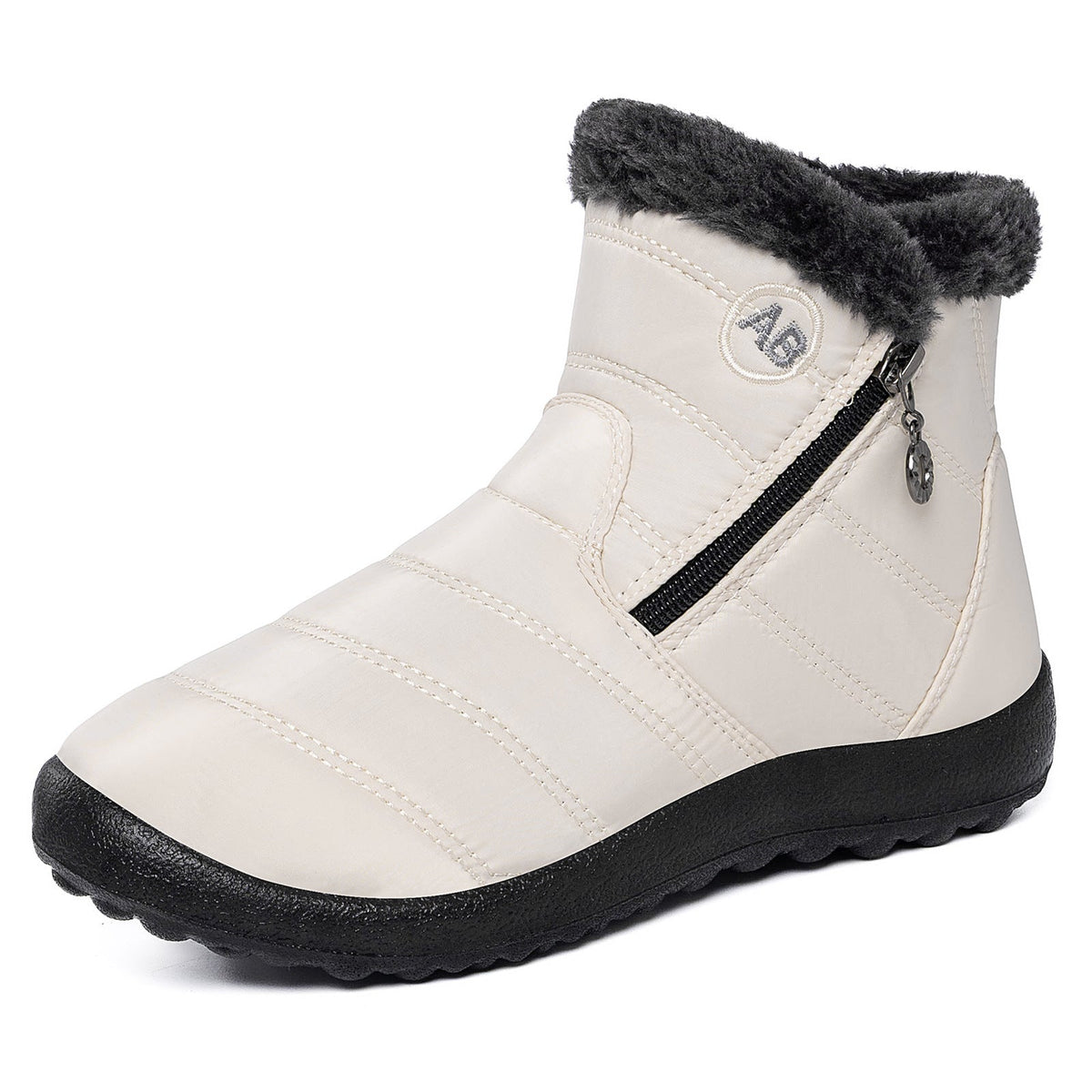 Women's Norwyn snow boots by Bootara, off-white water-resistant fleece-lined high-top boots with side zipper, US size 10.