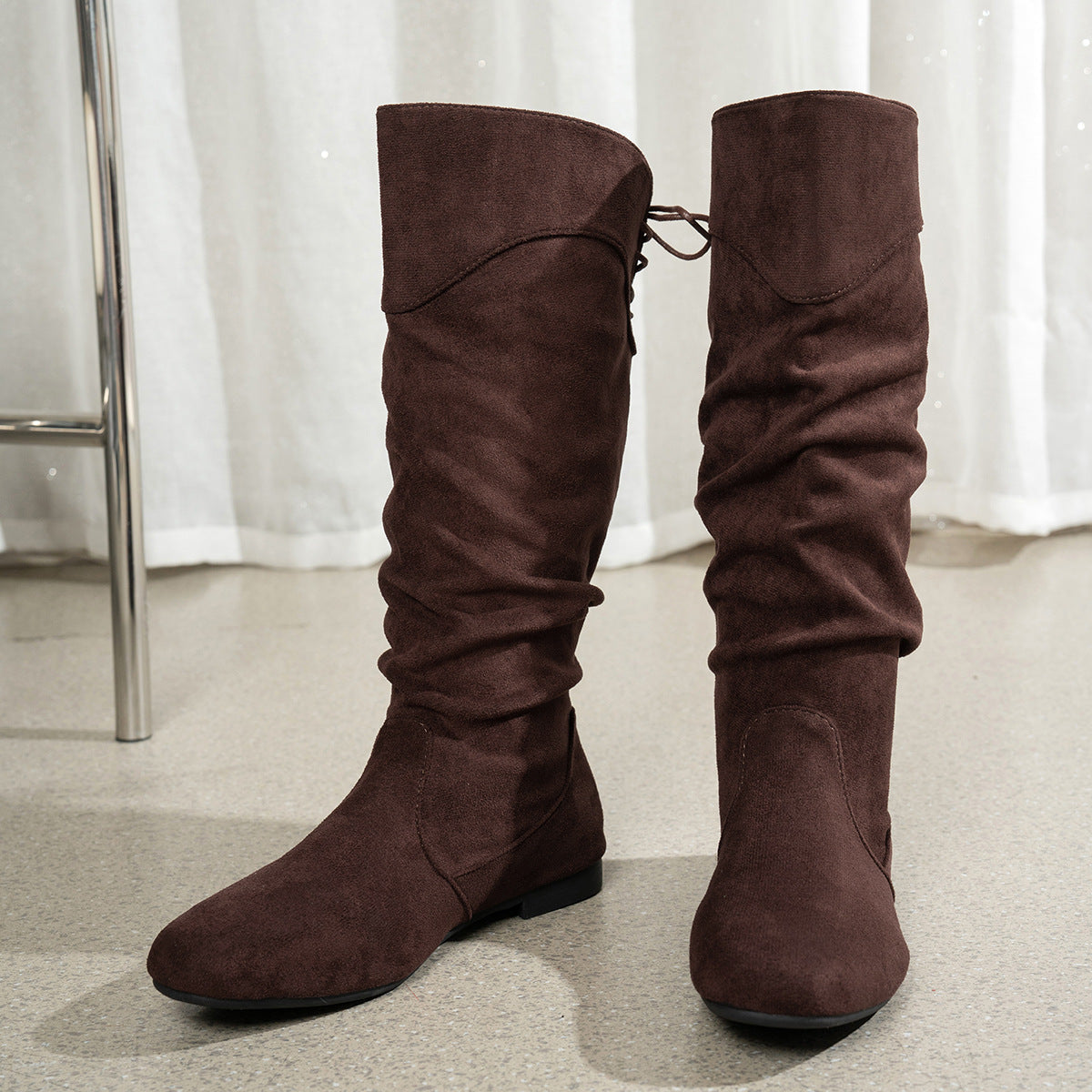 Women's Roslyn slouch boots by Bootara in coffee brown suede-look with back ties and low block heel, available in US sizes 5 to 10.5.