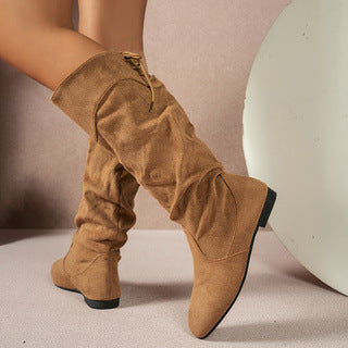 Women’s Roslyn slouch boots by Bootara in khaki suede-look with back ties and low block heel, available in US sizes 5-10.5.