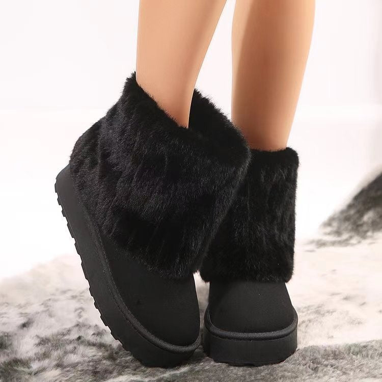 Black Women's Tundelle Short Winter Boots by Bootara with faux fur cuff and slip-on platform design, available in US sizes 5-10.5.