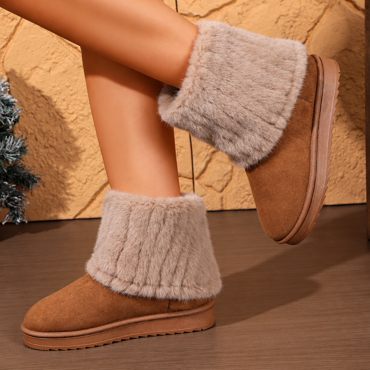 Women's brown Tundelle short winter boots with faux fur cuff and slip-on platform design by Bootara, available in US sizes 5-10.5.