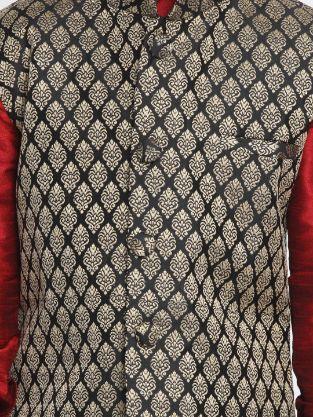 Boys' Black Cotton Silk Blend Nehru Jacket - qivii