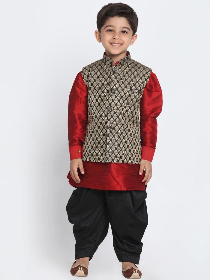 Boys' Black Cotton Silk Blend Nehru Jacket - qivii
