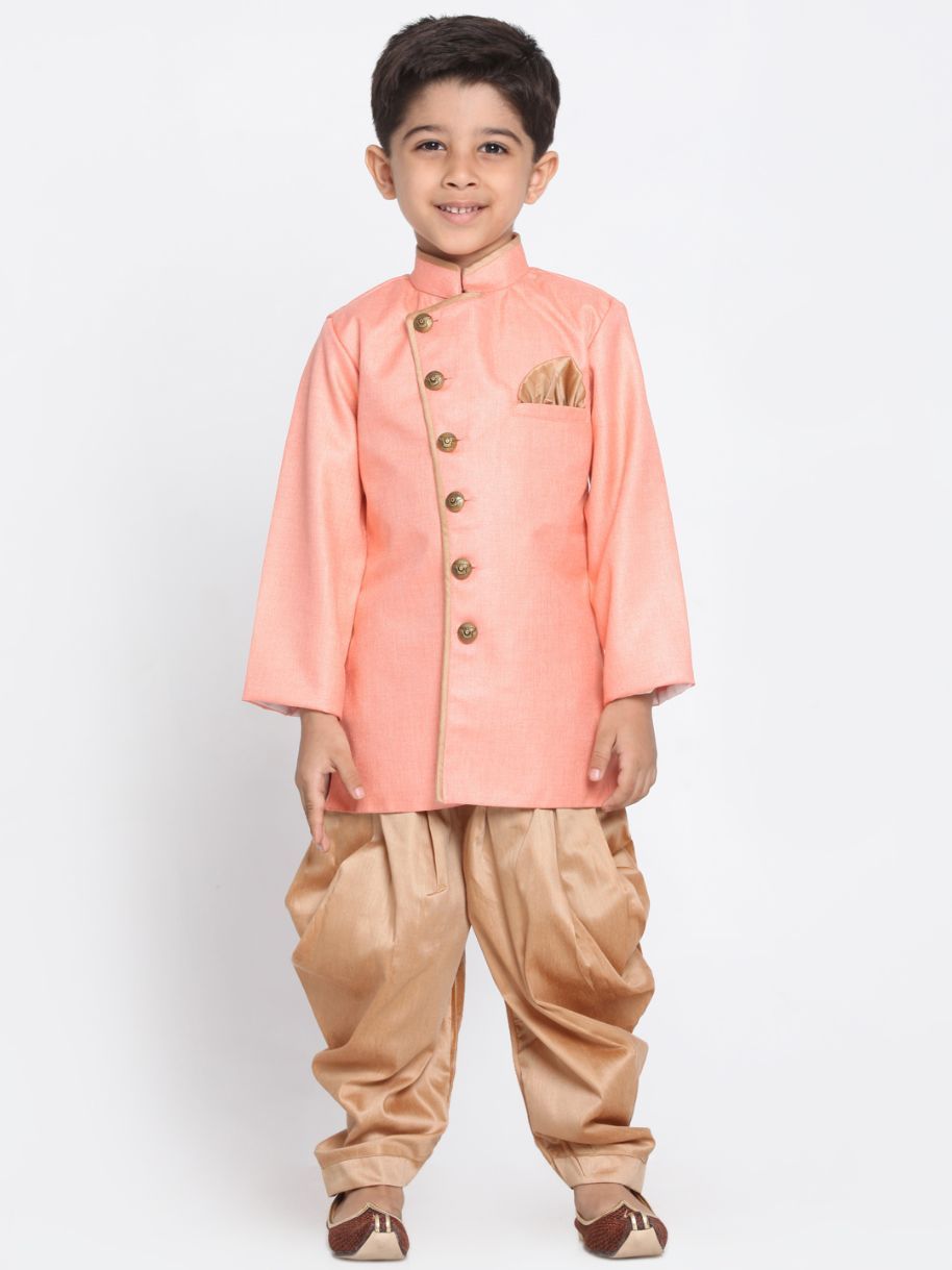 Vastramay Boys Pink Jute Silk Blend Sherwani Set - qivii