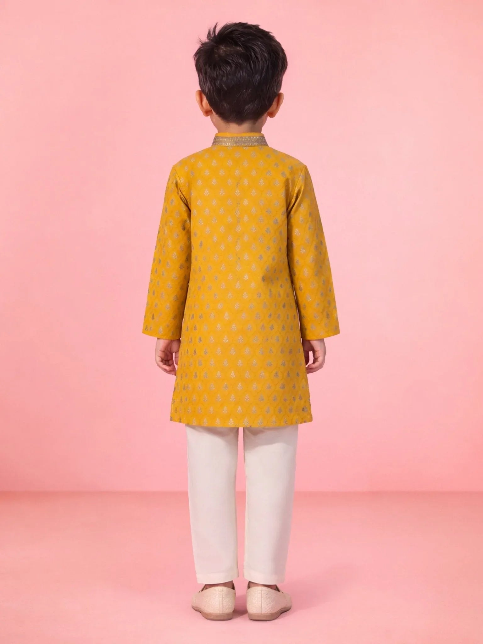 Boys Yellow Silk Blend Jacquard Kurta Pyjama Set with Sequin Work for Wedding & Festive Wear