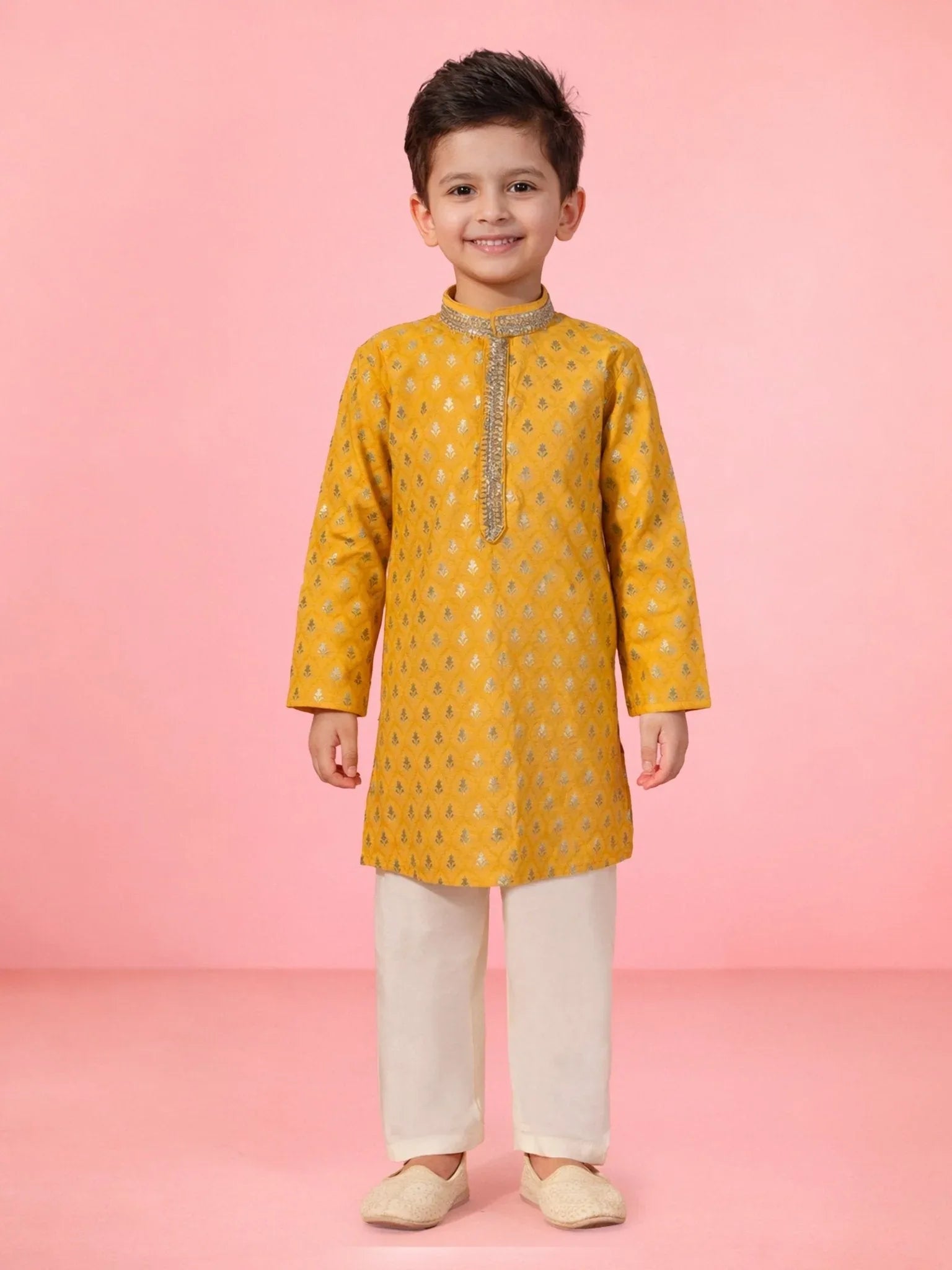 Boys Yellow Silk Blend Jacquard Kurta Pyjama Set with Sequin Work for Wedding & Festive Wear