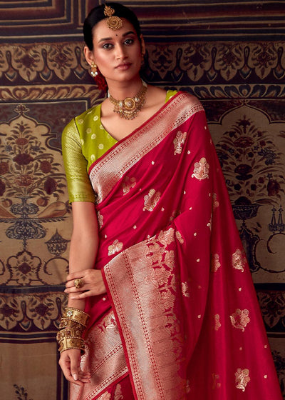 Bridal Red Meenakari Weaving Dola Silk Saree - qivii