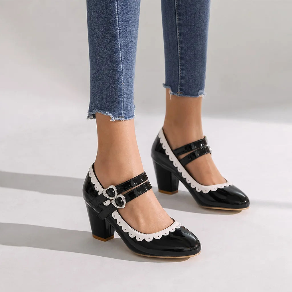 Black Burnett women's orthopedic Mary Jane heels by Hudson Ridge, featuring a classic strap and supportive design for comfortable wear.