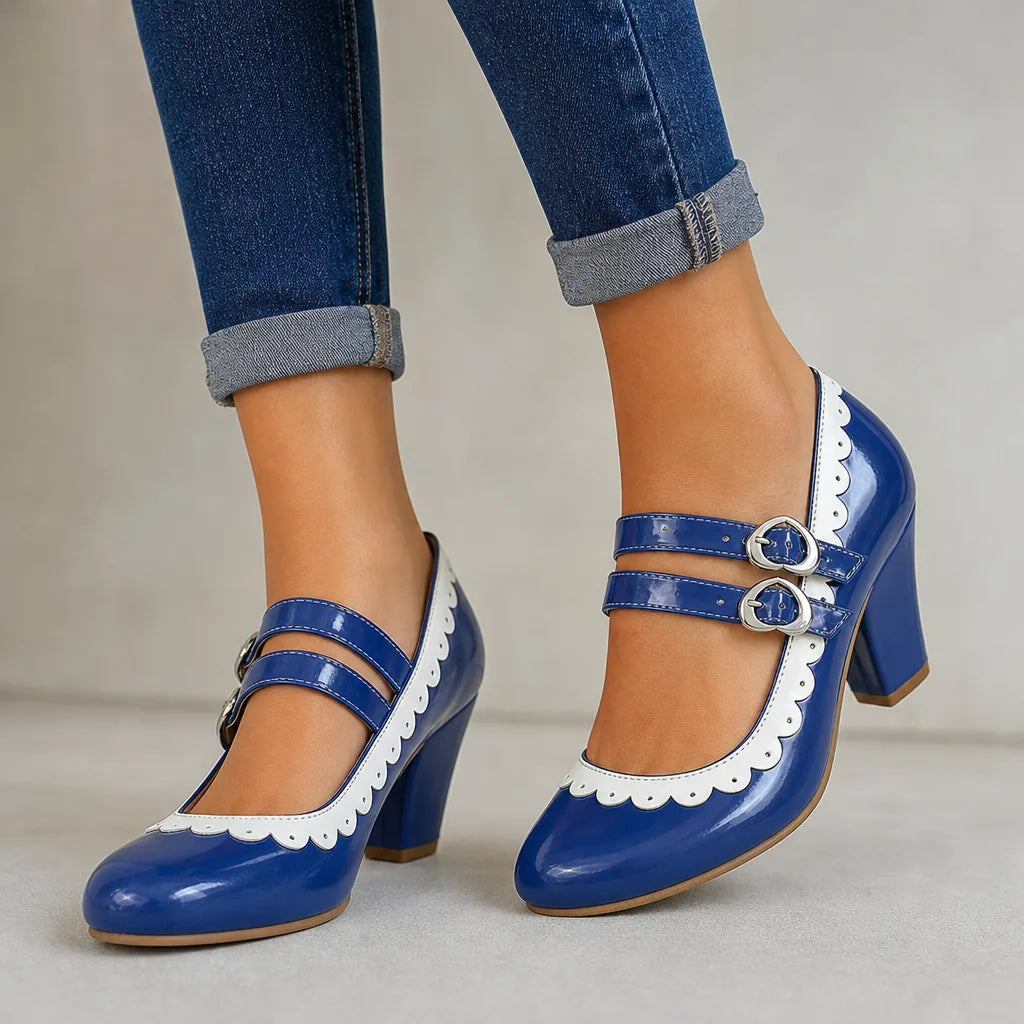Burnett women's orthopedic Mary Jane heels in blue, stylish women's footwear with supportive design by Qivii.