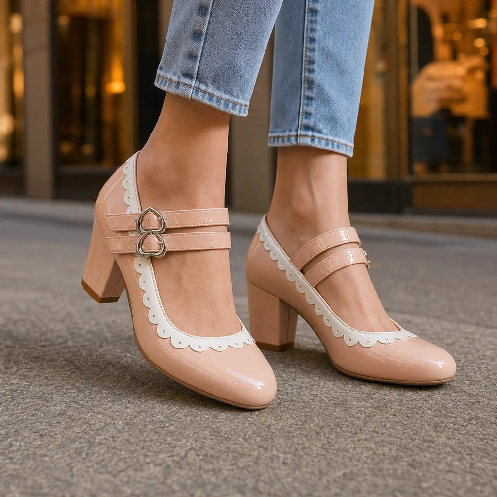 Pink Burnett women's orthopedic Mary Jane heels by Hudson Ridge, featuring supportive footwear and classic style.