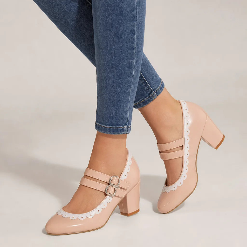 Pink Burnett women's orthopedic Mary Jane heels by Qivii, featuring supportive design and classic style for comfortable wear.