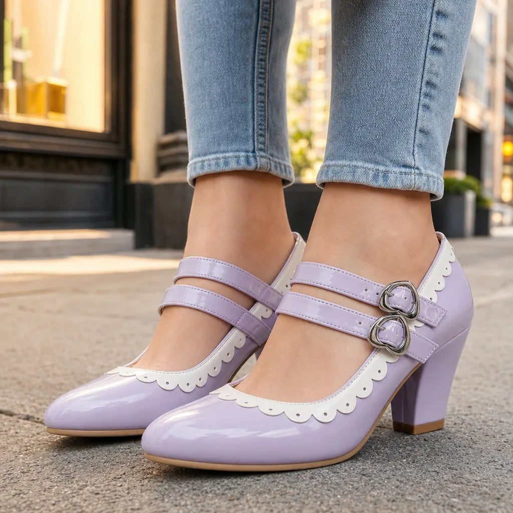 Burnett women's orthopedic Mary Jane heels by Qivii in purple, featuring supportive design and comfortable footwear for women.