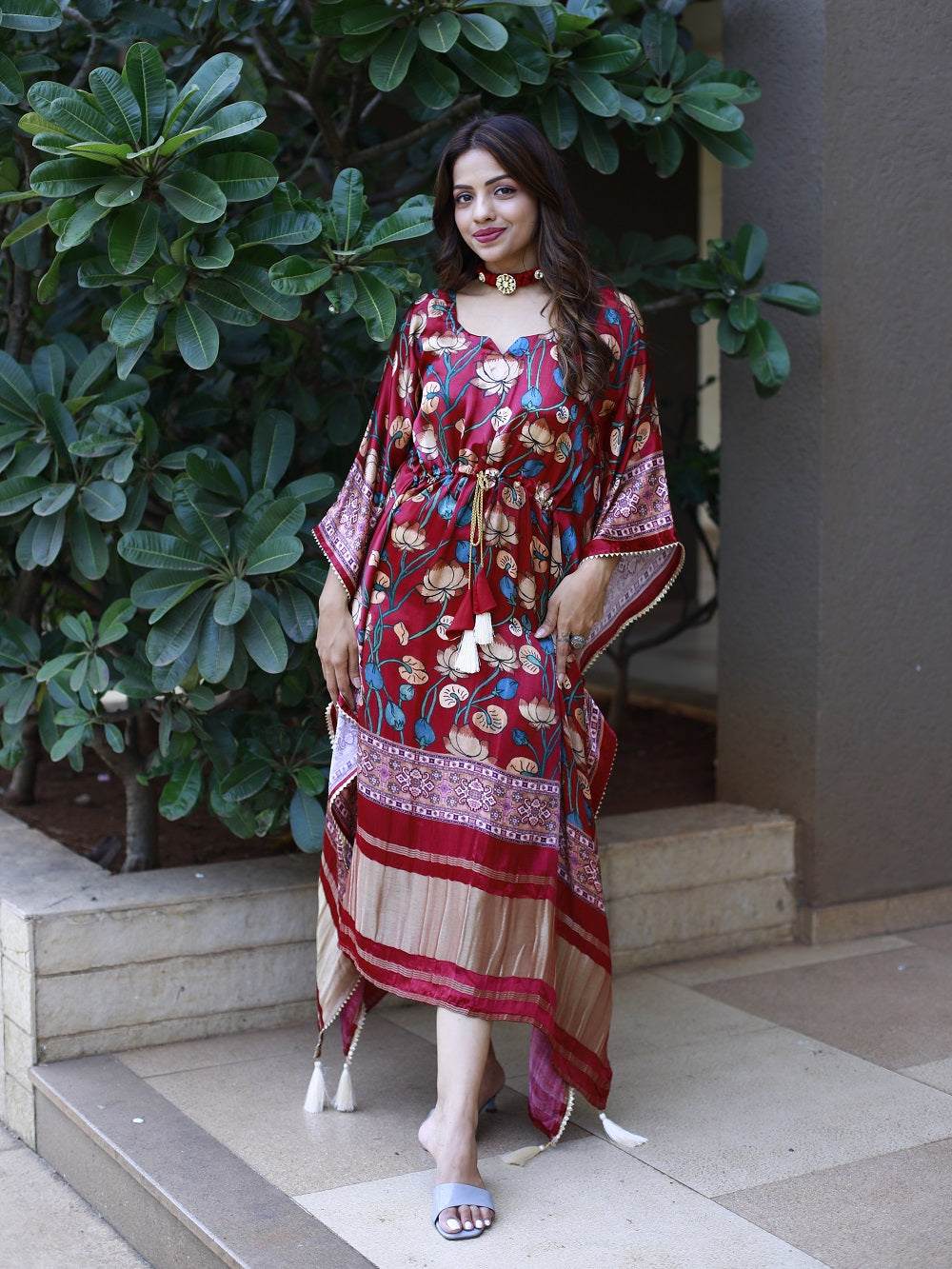 Maroon Color Digital Printed Pure Gaji Silk Kaftan - qivii