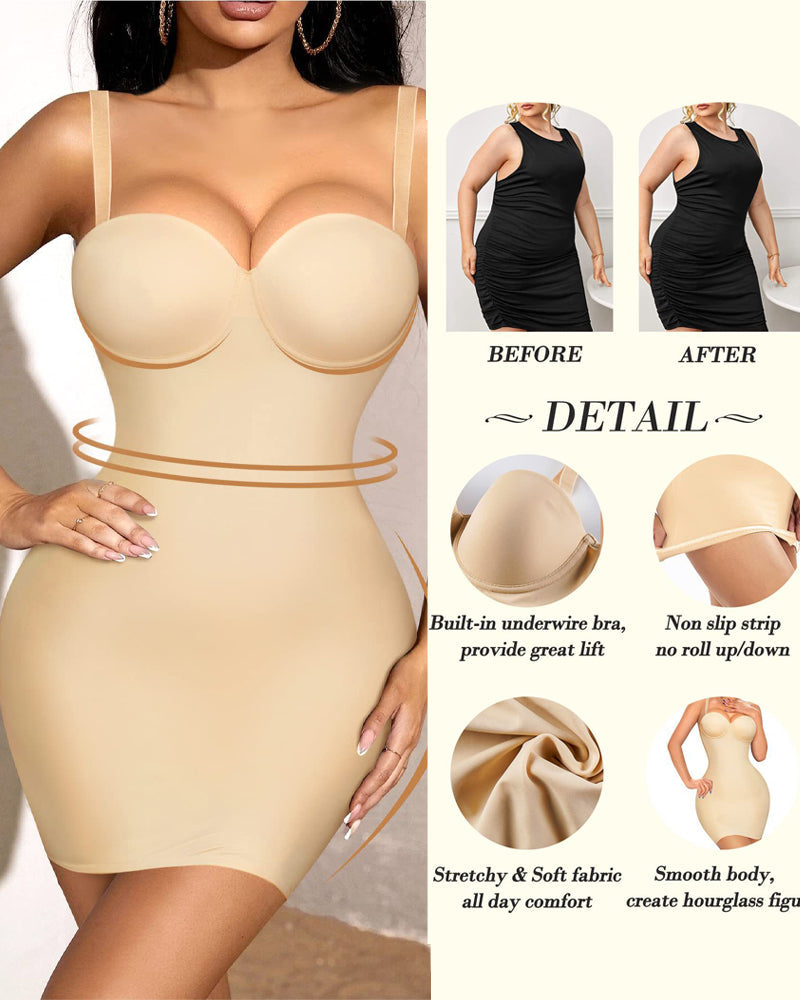 Smooth Full Slip Strapless Tummy Control Bodycon Shapewear Dresses With Built In Bra - By Qivii