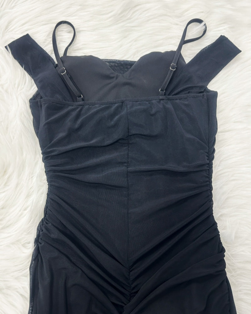 Glamorous Off Shoulder Dress with Ruffled Asymmetrical Slit - By Qivii