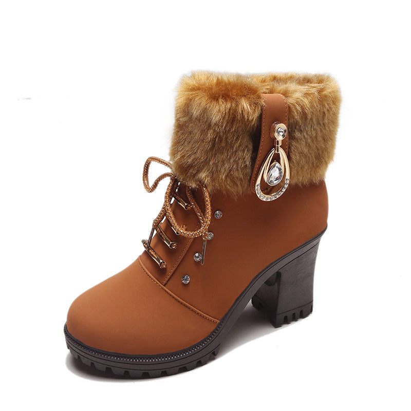 Women's Glam Knit-Cuff Boots - Rhinestone Decor Side Zip Block Heel Dress Boots (US 5-10)