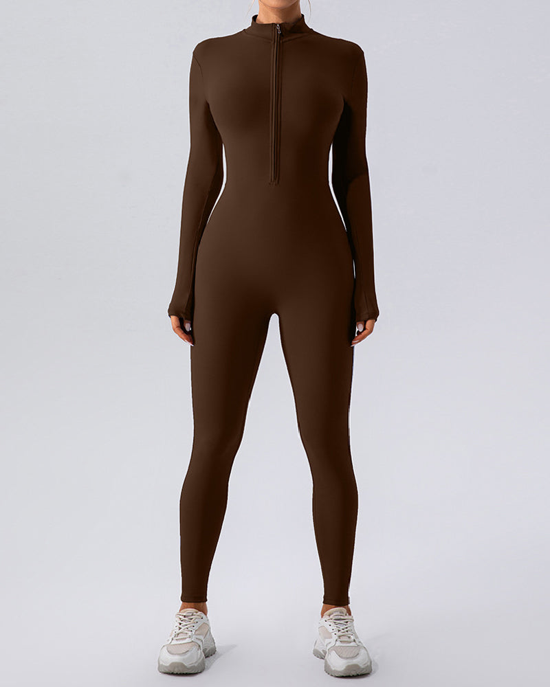 Zip Up Long Sleeve Fleece Skinny Jumpsuit Winter Thermal One-piece Fitness Bodysuit - By Qivii